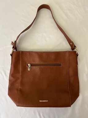 Montana West Cognac Brown Leather Shoulder Tote with Front Zip